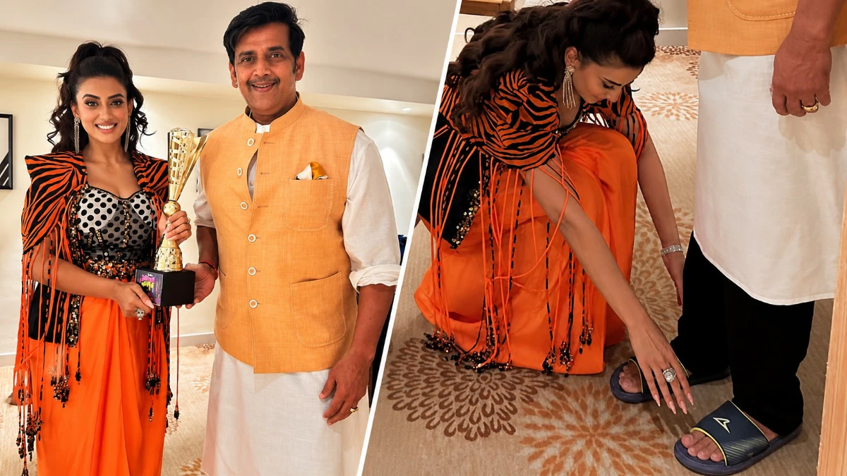 पहला बेस्ट एक्ट्रेस अवॉर्ड जीत भावुक हुईं अक्षरा सिंह, रवि किशन के पैर छूकर जताया सम्मान